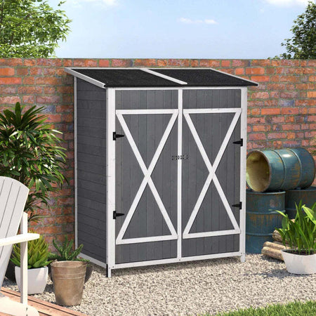 Casetta-in-Legno-da-Giardino-con-2-Ante,-Armadio-da-Esterno-Porta-Attrezzi-da-Giardino-con-uno-Sgabello,-139x75x147/160cm-DF5845-353V01DF5