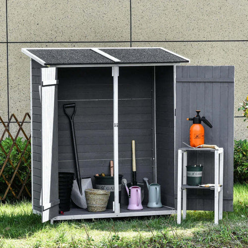 Casetta-in-Legno-da-Giardino-con-2-Ante,-Armadio-da-Esterno-Porta-Attrezzi-da-Giardino-con-uno-Sgabello,-139x75x147/160cm-DF5845-353V01DF5