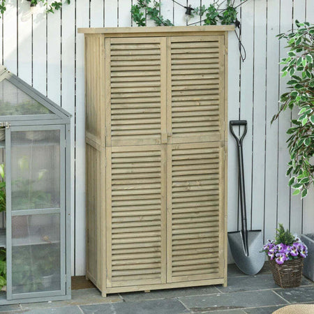 Casetta-in-Legno-da-Giardino-con-Tetto-Impermeabile,-Armadio-da-Esterno-Porta-Attrezzi-da-Giardino-con-4-Scompartimenti,-87x46.5x160cm-ZX2845-215GYZX2