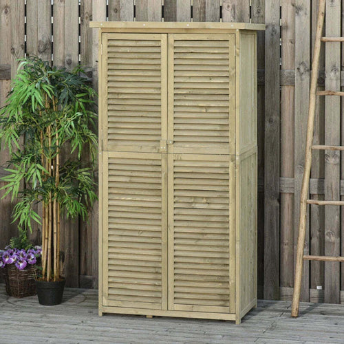 Casetta-in-Legno-da-Giardino-con-Tetto-Impermeabile,-Armadio-da-Esterno-Porta-Attrezzi-da-Giardino-con-4-Scompartimenti,-87x46.5x160cm-ZX2845-215GYZX2