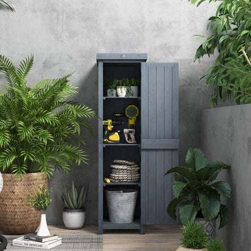 Casetta-Porta-Attrezzi-a-3-Ripiani-in-Legno-da-Abete-con-Tetto-in-Metallo,-45x45x160-cm,-Grigio-BN884H-019V00GYBN8