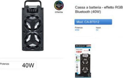 Cassa Speaker Bluetooth 40w Altoparlante Effetto Rgb Portatile Batteria Ca-bt012 Elettronica/Audio e video portatile/Accessori/Casse portatili e Docking Station con altoparlanti/Casse portatili Bluetooth Trade Shop italia - Napoli, Commerciovirtuoso.it