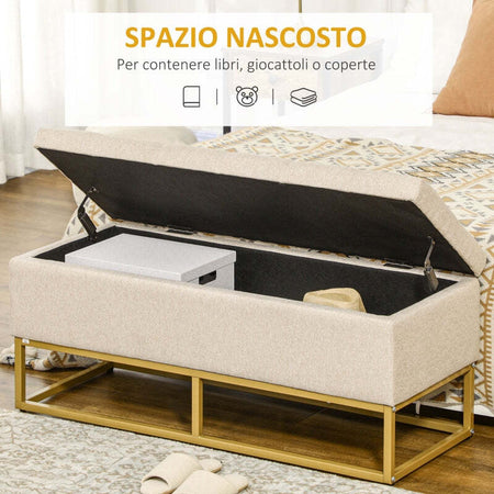 cassaPanca-con-Contenitore-per-ingresso-camera-da-letto-elegante-imbottita-grande-pouf-tessuto-negozio--Poliestere-Trapuntata-con-Gambe-in-Acciaio-d'oro,-110x44x48cm-baule-Beige-F838-353V80BGA