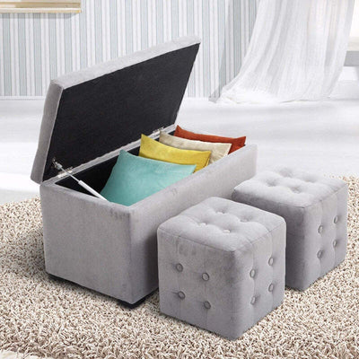 Cassapanca-Portaoggetti-Multiuso-con-2-Sgabello-Pouf-in-Velluto,-Grigio-Perla-panca-baule-ingresso-camera-da-letto-elegante-imbottita-grande-tessuto-negozio-F833-160GYA