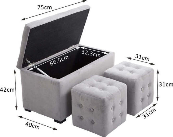 Cassapanca-Portaoggetti-Multiuso-con-2-Sgabello-Pouf-in-Velluto,-Grigio-Perla-panca-baule-ingresso-camera-da-letto-elegante-imbottita-grande-tessuto-negozio-F833-160GYA