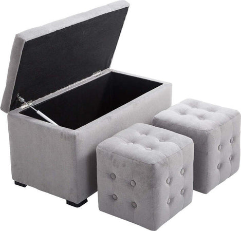 Cassapanca-Portaoggetti-Multiuso-con-2-Sgabello-Pouf-in-Velluto,-Grigio-Perla-panca-baule-ingresso-camera-da-letto-elegante-imbottita-grande-tessuto-negozio-F833-160GYA