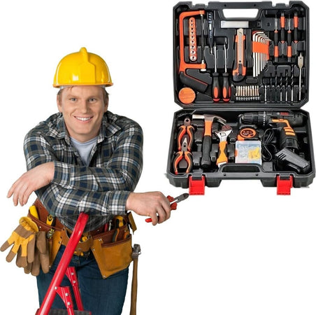 Cassetta-Attrezzi-da-lavoro-Completa-di-126-Pezzi-Trapano-Avvitatore-Doppia-Batteria-12V-pinze-chiavi-cacciaviti-punte