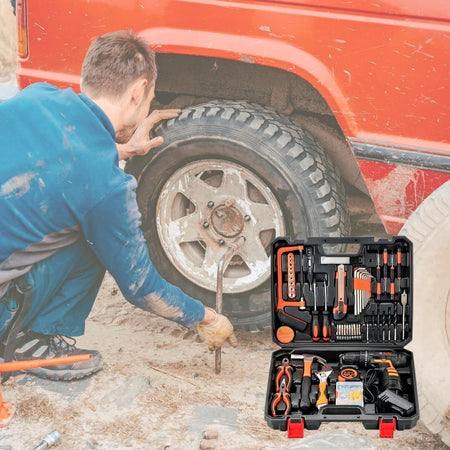 Cassetta-Attrezzi-da-lavoro-Completa-di-126-Pezzi-Trapano-Avvitatore-Doppia-Batteria-12V-pinze-chiavi-cacciaviti-punte