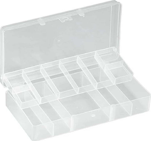Cassetta-porta-minuteria-con-ripiano-realizzata-in-polipropilene-trasparente-composta-da-13-scomparti