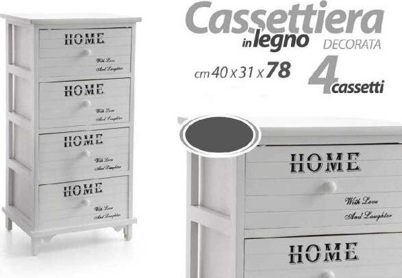 Cassettiera-4-Cassetti-78x40x31cm-Comodino-Home-Bianco-Legno-Shabby-Multiuso