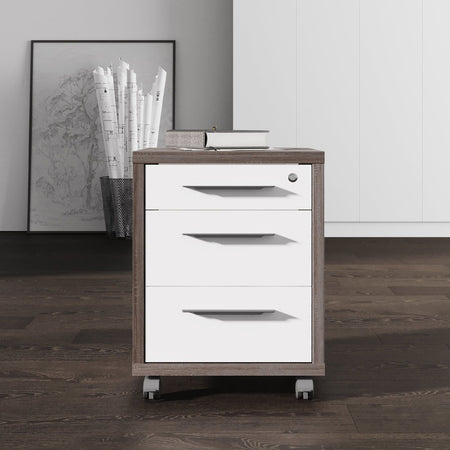 Cassettiera da ufficio 3 cassetti per scrivania Rovere Tartufo e Bianco con chiave e ruote