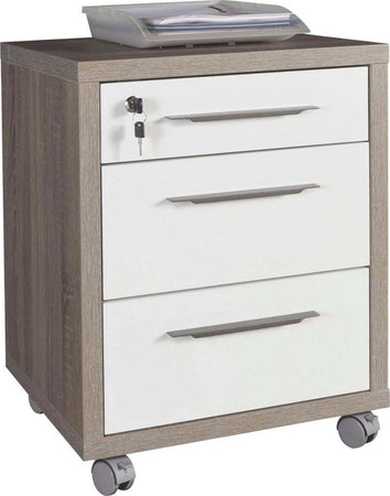Cassettiera Da Ufficio 3 Cassetti Per Scrivania Rovere Tartufo E Bianco Con Chiave E Ruote Casa e cucina/Arredamento/Studio/Mobiletti e credenze/Cassetti Decor Space - Altamura, Commerciovirtuoso.it