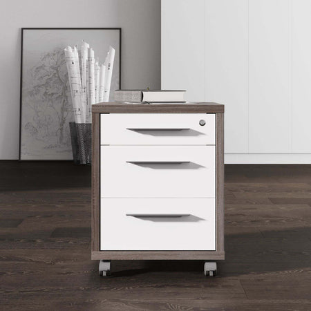 Cassettiera Da Ufficio 3 Cassetti Per Scrivania Rovere Tartufo E Bianco Con Chiave E Ruote Casa e cucina/Arredamento/Studio/Mobiletti e credenze/Cassetti Decor Space - Altamura, Commerciovirtuoso.it