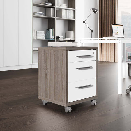 Cassettiera Da Ufficio 3 Cassetti Per Scrivania Rovere Tartufo E Bianco Con Chiave E Ruote Casa e cucina/Arredamento/Studio/Mobiletti e credenze/Cassetti Decor Space - Altamura, Commerciovirtuoso.it