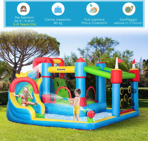 Castello-Gonfiabile-per-Bambini-con-Scivolo,-Trampolino-e-Piscina,-390x300x197cm-PQ1342-040V90PQ1