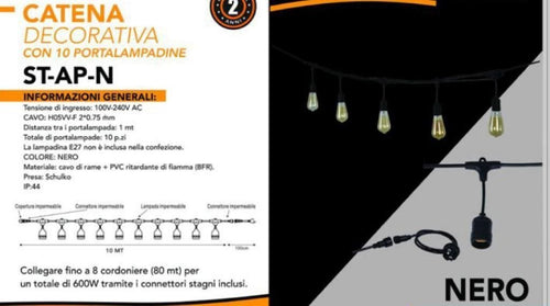 CATENA DECORATIVA CON 10 PORTALAMPADA 10 MT ATTACCO E27