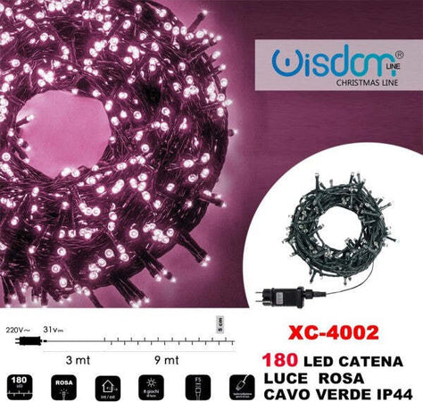 Catena-Luminosa-180-Luci-Led-Lucciole-Luce-Rosa-Cavo-Verde-Ip44-Xc-4002