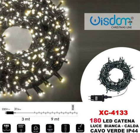 Catena-Luminosa-180luci-Led-Lucciole-Luce-Bianca-+-Calda-Cavo-Verde-Ip44-Xc-4133