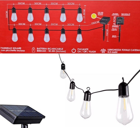 Catena luminosa 4.5mt con pannello SOLARE 10 lampade luce calda impermeabile Casa e cucina/Decorazioni per interni/Addobbi e decorazioni per ricorrenze/Decorazioni natalizie/Luci natalizie/Catene luminose per interni Zencoccostore - Formia, Commerciovirtuoso.it