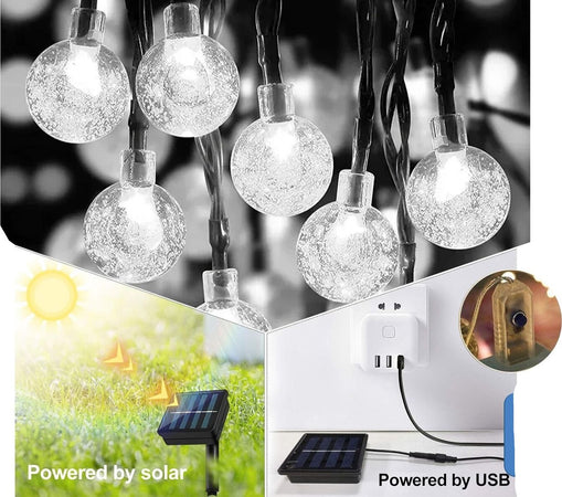 Catena Luminosa Esterno Interno Solare e USB 50 Luci LED Ricaricabile 8 Modalità Impermeabile IP65 per Giardino Feste Luce Fredda
