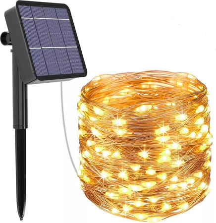 CATENA-LUMINOSA-NATALE-10-mt-100-LED-FILO-RAME-PANNELLO-SOLARE-Picchetto-8-giochi