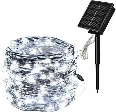 CATENA-LUMINOSA-NATALE-10-mt-100-LED-FILO-RAME-PANNELLO-SOLARE-Picchetto-8-giochi
