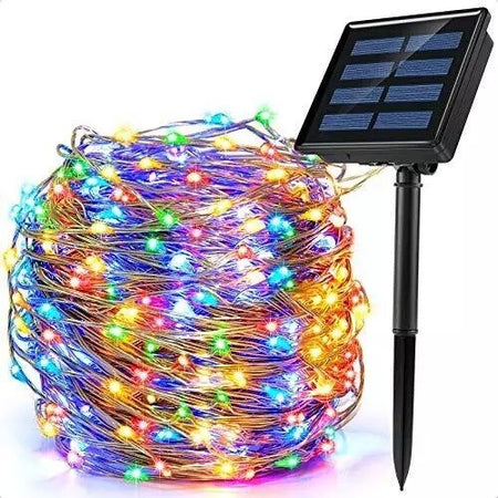 CATENA-LUMINOSA-NATALE-10-mt-100-LED-FILO-RAME-PANNELLO-SOLARE-Picchetto-8-giochi