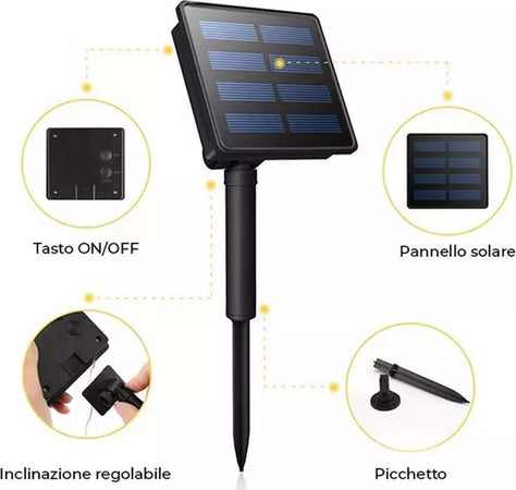 CATENA-LUMINOSA-NATALE-10-mt-100-LED-FILO-RAME-PANNELLO-SOLARE-Picchetto-8-giochi