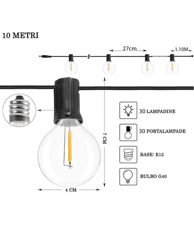 Catena Luminosa Solare Crepuscolare 30 Lampadine Filo Led 3w Luce 2200k 10 Metri
