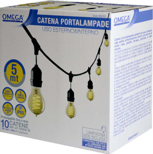 Catena Portalampade 5 Metri, 5 Attacchi E27 Distanziati Ogni 0.625Mm, Cavo In Gomma H05Rn-F 2X1.0Mm, Spina Schuko 16A Standard Tedesco-10A Standard Italiano, Ip65, Colore Nero Illuminazione/Illuminazione per esterni/Catene luminose Non solo alimenti - Albano Laziale, Commerciovirtuoso.it