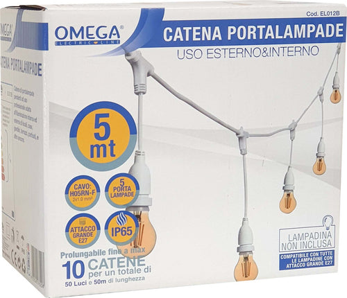Catena Portalampade 5 Metri, 5 Attacchi E27 Distanziati Ogni 0.625Mm, Cavo In Gomma H05Rn-F 2X1.0Mm, Spina Schuko 16A Standard Tedesco-10A Standard Italiano, Ip65, Colore Bianco Illuminazione/Illuminazione per esterni/Catene luminose Non solo alimenti - Albano Laziale, Commerciovirtuoso.it