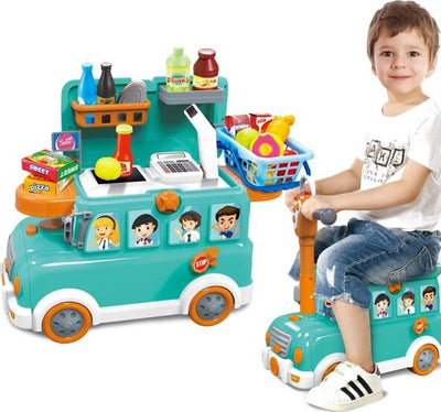 Cavalcabile-Trolley-Schoolbus-Supermercato-Giocattolo-Bambini-3in1-Luci-Suoni