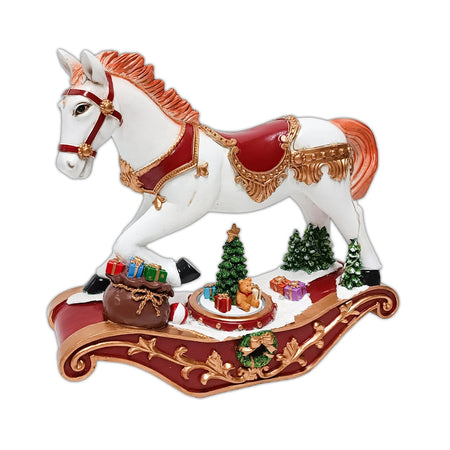 Statuetta cavallo a dondolo con movimento, luci e musica per decorazioni natalizie