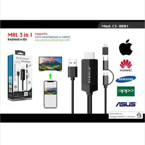 Cavo 3in1 Mhl Streaming Micro Usb Type-c Lightning Per Android Ios Maxtech Cs-hd01 Cavi Smartphone Trade Shop italia - Napoli, Commerciovirtuoso.it