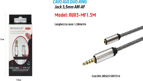 Cavo Audio Aux Duo-ring Prolunga Jack 3.5mm Am-af 1.5mt Smartphone Maxtech Aux3-mf1.5m Elettronica e telefonia > Accessori Audio e Video > Cavi Audio e Video Trade Shop italia - Napoli, Commerciovirtuoso.it