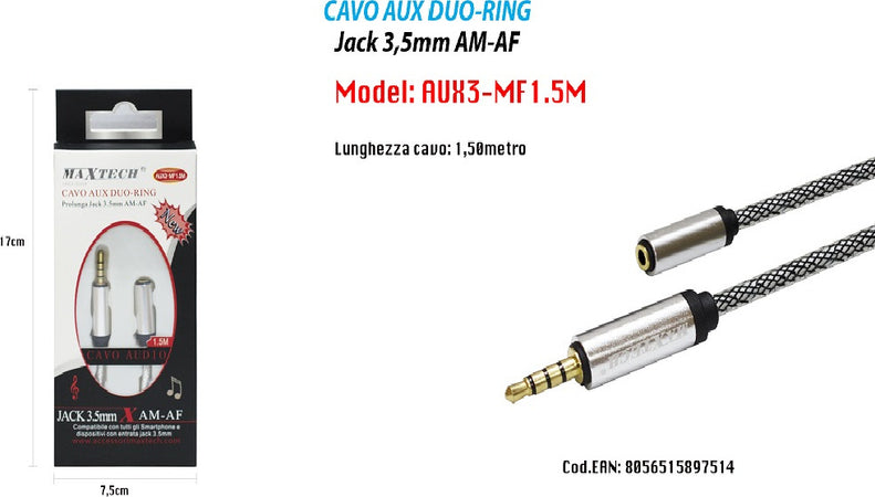 Cavo Audio Aux Duo-ring Prolunga Jack 3.5mm Am-af 1.5mt Smartphone Maxtech Aux3-mf1.5m Elettronica e telefonia > Accessori Audio e Video > Cavi Audio e Video Trade Shop italia - Napoli, Commerciovirtuoso.it