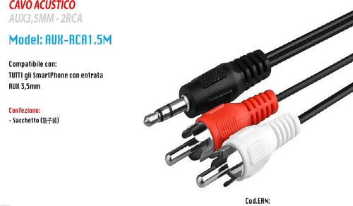 Cavo Audio Da Jack 3,5mm A 2 Rca Maschio 1.5 Metri Per Casse Strumento Acustico Elettronica e telefonia > Accessori Audio e Video > Cavi Audio e Video Trade Shop italia - Napoli, Commerciovirtuoso.it