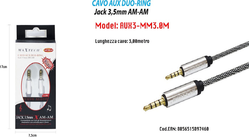 Cavo Audio Jack 3,5mm Maschio Am/am 3mt Prolunga Aux Cuffie Smartphone Maxtech Aux3-mm3.0m Elettronica e telefonia > Accessori Audio e Video > Cavi Audio e Video Trade Shop italia - Napoli, Commerciovirtuoso.it