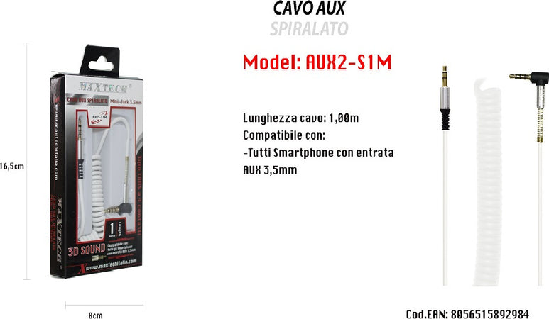 Cavo Audio Stereo Aux Spiralato 3,5mm Angolo Retto Smartphone 1mt Maxtech Aux2-s1m Elettronica e telefonia > Accessori Audio e Video > Cavi Audio e Video Trade Shop italia - Napoli, Commerciovirtuoso.it