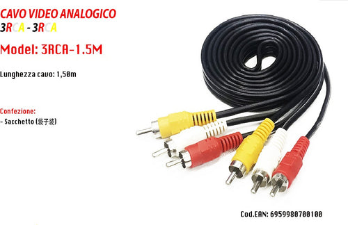 Cavo Audio Video Analogico 3 X Rca Maschio-maschio 1,5 Metri Maxtech 3rca-1.5m Elettronica e telefonia > Accessori Audio e Video > Cavi Audio e Video Trade Shop italia - Napoli, Commerciovirtuoso.it