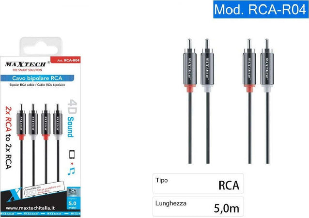 Cavo Bipolare Rca Audio Video Stereo 2 X Rca Maschio / Maschio 5 Metri Rca-r04 Elettronica/Home Cinema TV e video/Accessori/Cavi/Connettori RCA Trade Shop italia - Napoli, Commerciovirtuoso.it