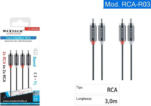 Cavo Bipolare Rca Audio Video Stereo 2 X Rca Maschio/maschio Da 3 Metri Rca-r03 Elettronica/Home Cinema TV e video/Accessori/Cavi/Connettori RCA Trade Shop italia - Napoli, Commerciovirtuoso.it
