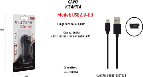 Cavo Caricabatteria Caricatore Ricarica Usb Con Entrata V3 1mt Maxtech Usb2.0-v3 Elettronica/Cellulari e accessori/Accessori/Cavi e adattatori/Cavi USB Trade Shop italia - Napoli, Commerciovirtuoso.it