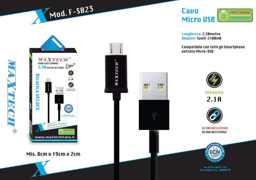 Cavo Caricatore Micro Usb 2.5mt Sincronizzazione Dati Per Smartphone Maxtech F-s023 Cavi Smartphone Trade Shop italia - Napoli, Commerciovirtuoso.it
