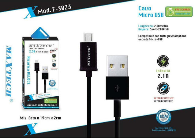 Cavo-Caricatore-Micro-Usb-2.5mt-Sincronizzazione-Dati-Per-Smartphone-Maxtech-F-s023