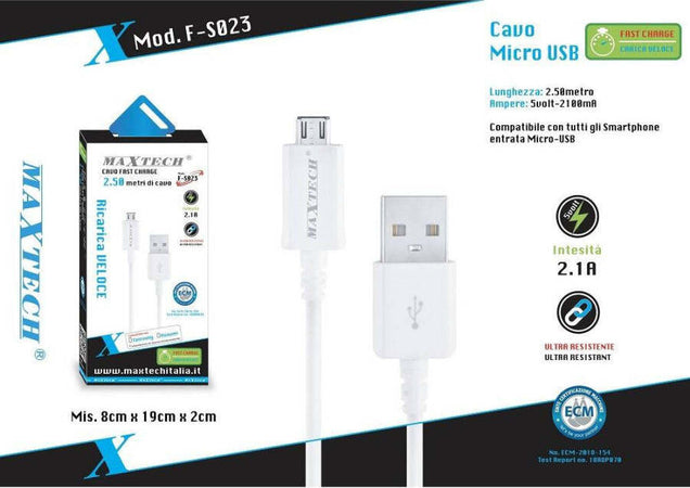 Cavo-Caricatore-Micro-Usb-2.5mt-Sincronizzazione-Dati-Per-Smartphone-Maxtech-F-s023