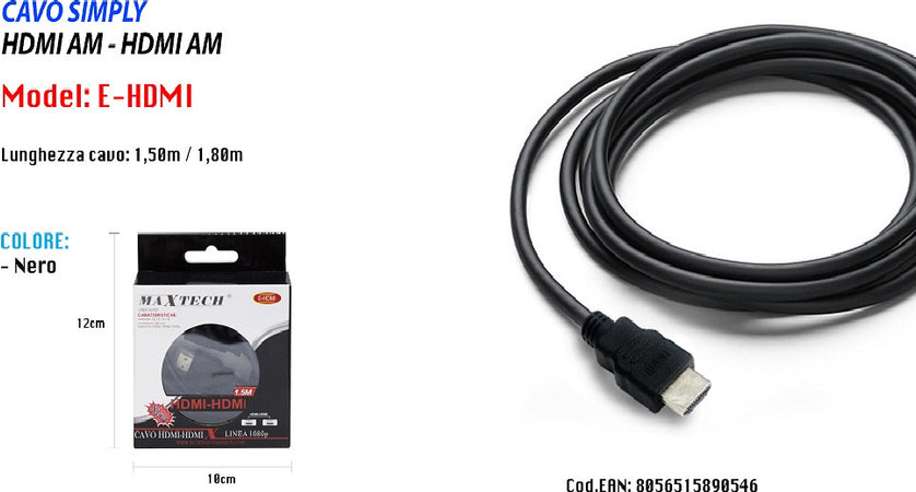Cavo Cavetto Cavi Hdmi Video 1.8 Metri 1080p Schermato Hdmi Am-am Maxtech E-hdmi Elettronica e telefonia > Accessori Audio e Video > Cavi Audio e Video Trade Shop italia - Napoli, Commerciovirtuoso.it
