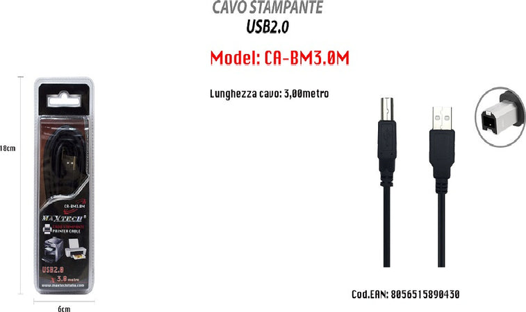 Cavo Da 3mt Usb 2.0 Per Stampante Hp Prolunga Dati Pc Hard Disk Maxtech Ca-bm3.0m Informatica e Videogiochi > Accessori PC > Adattatori e Convertitori Trade Shop italia - Napoli, Commerciovirtuoso.it