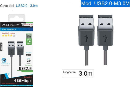 Cavo Dati Doppio Usb 2.0 Maschio - Maschio Prolunga 3 Metri 480mbps Usb2.0-m3.0m Informatica e Videogiochi > Accessori PC > Accessori USB Trade Shop italia - Napoli, Commerciovirtuoso.it