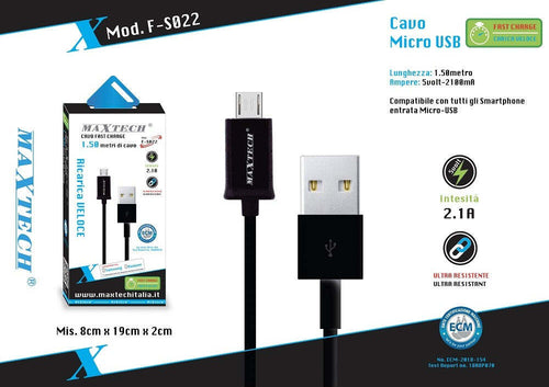 Cavo Dati Micro Usb Per Smartphone Cavetto Dati Ricarica 1.5mt Maxtech F-s022 Cavi Smartphone Trade Shop italia - Napoli, Commerciovirtuoso.it